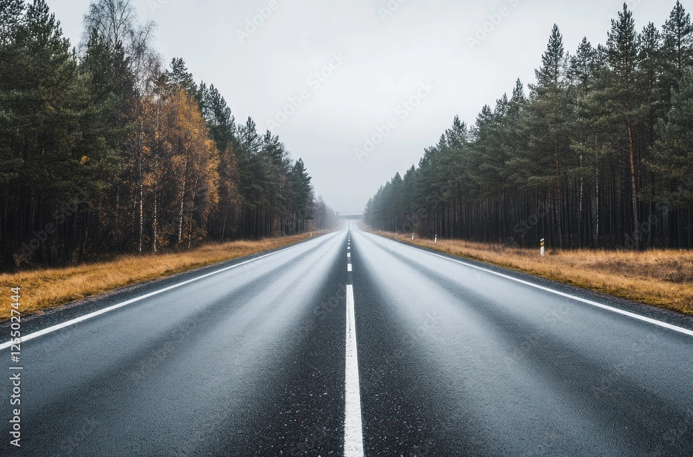 Empty asphalt road through autumn forest in fog. Empty asphalt road through autumn forest in fog.
