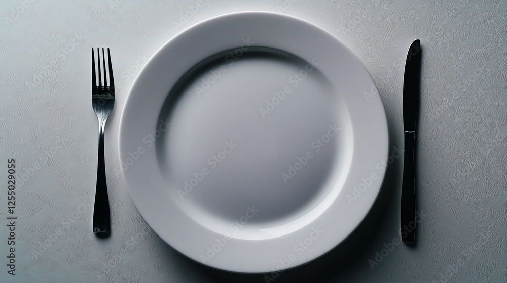 Monochrome Overhead View of Empty White Plate with Knife and Fork on Textured Surface Monochrome Overhead View of Empty White Plate with Knife and Fork on Textured Surface