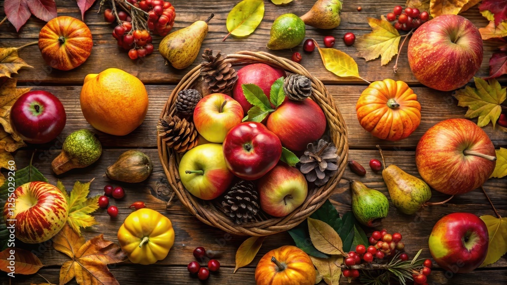 Autumnal Harvest Bounty A Rustic Tabletop Still Life Featuring Apples, Pears, Pumpkins, and Pine Cones in a Woven Basket, Surrounded by Colorful Fall Leaves Autumnal Harvest Bounty A Rustic Tabletop Still Life Featuring Apples, Pears, Pumpkins, and Pine Cones in a Woven Basket, Surrounded by Colorful Fall Leaves
