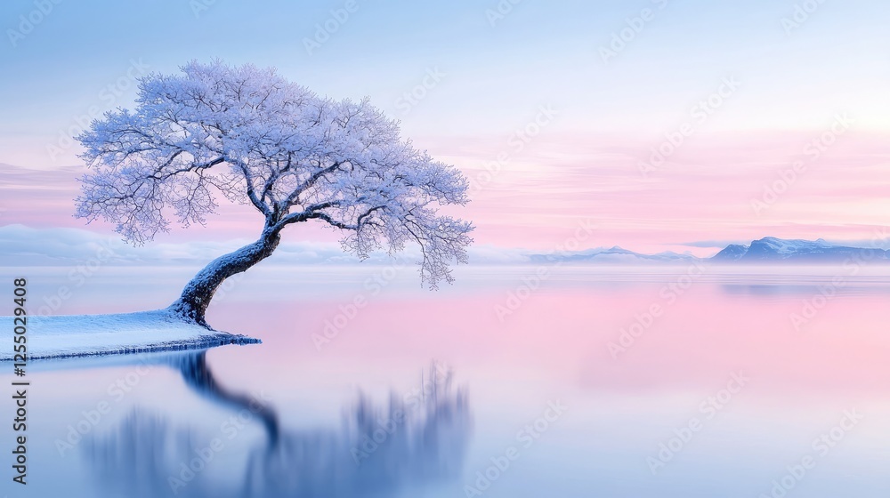 Frosty tree reflected in calm winter lake at dawn Frosty tree reflected in calm winter lake at dawn