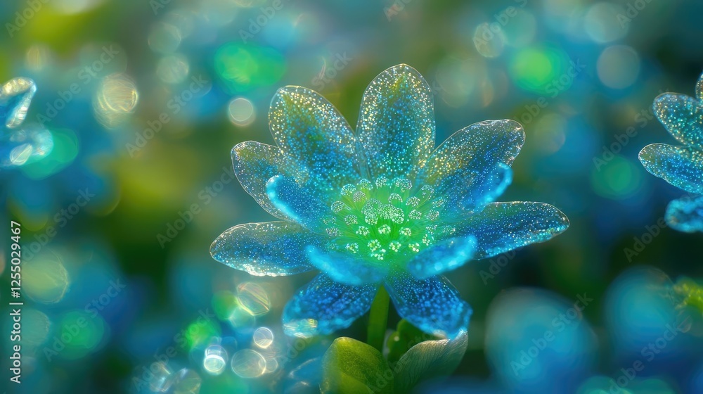 Microscopic ocean life idea. Close-up of a vibrant blue flower covered in glistening water droplets. Microscopic ocean life idea. Close-up of a vibrant blue flower covered in glistening water droplets.