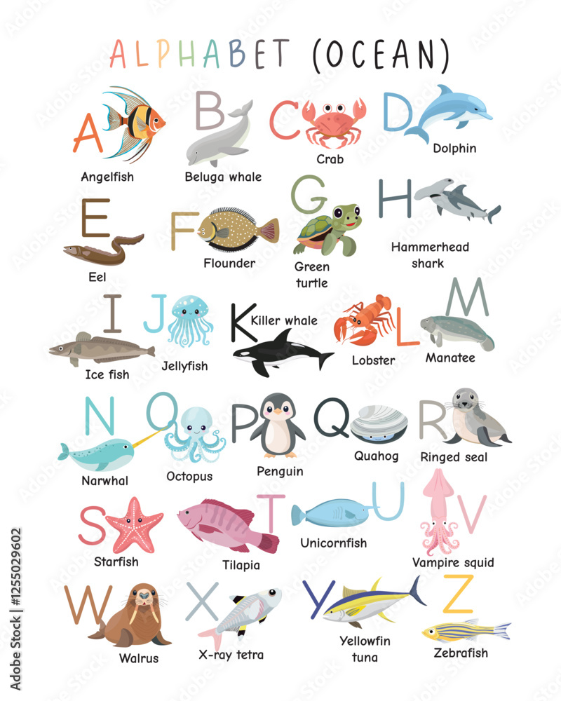 Fototapeta premium Ocean Wild Life Alphabet Poster for Preschool Children: Vector Illustration of Capital Letters with Cartoon Ocean Wild Life. Fun ABC Learning for Kids