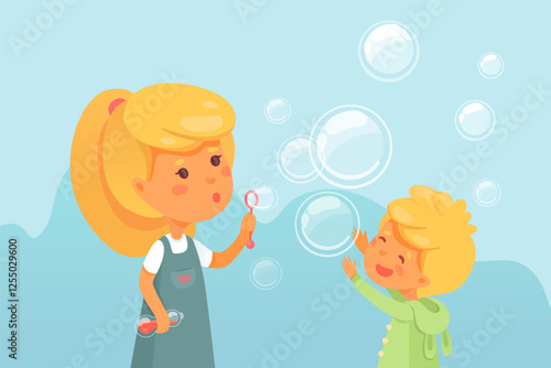 Kids blowing soap bubbles flat vector illustration. Cute children, siblings having fun with foam toy. Elder sister holding bottle with soapy liquid. Happy childhood memories. Brother catching bubbles.