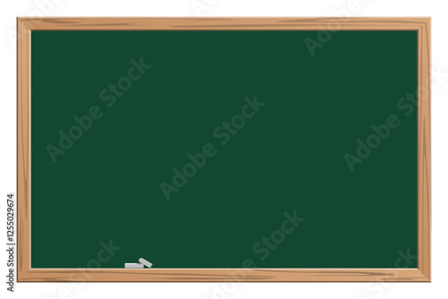 School blackboard. Empty green chalkboard with wooden frame and chalk. Back to school horizontal background. Cartoon vector illustration.