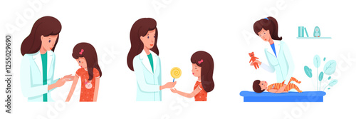 Children health at clinic set. Doctor makes vaccination girl, gives lollipop as reward. Pediatrician measures temperature baby, shows toy. Cartoon vector illustration.
