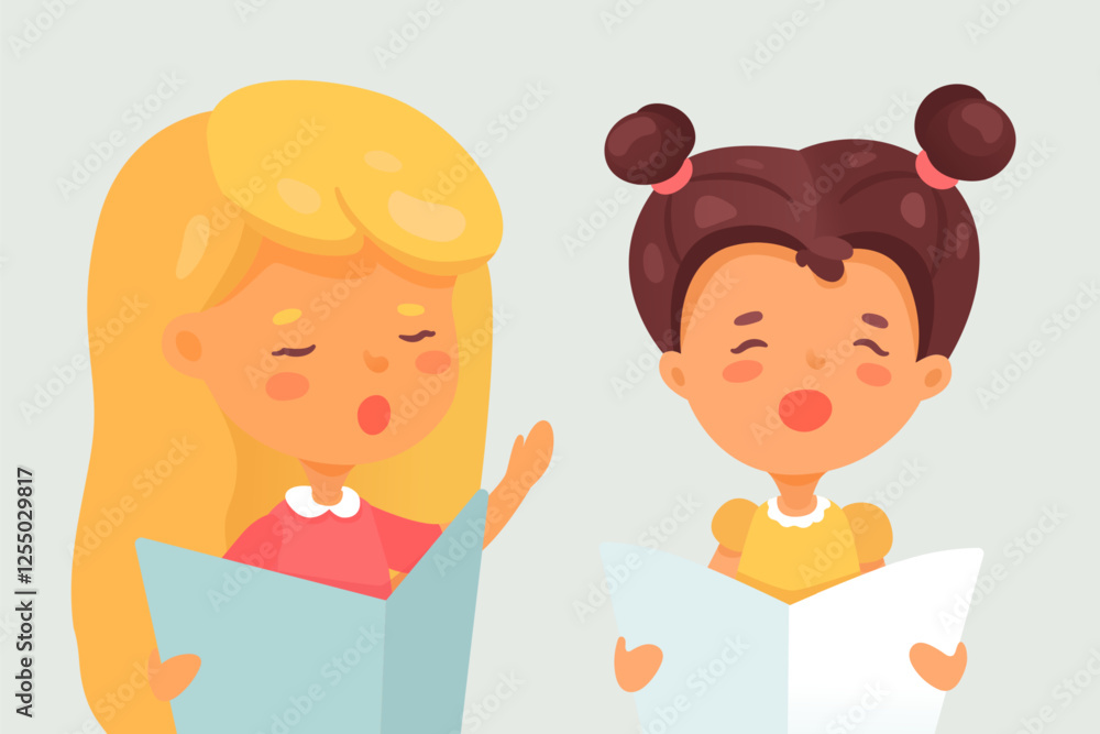 Children choir. Cute girls singing in duet. Young female characters performing song. Concert, performance rehearsal. Cartoon vector illustration.