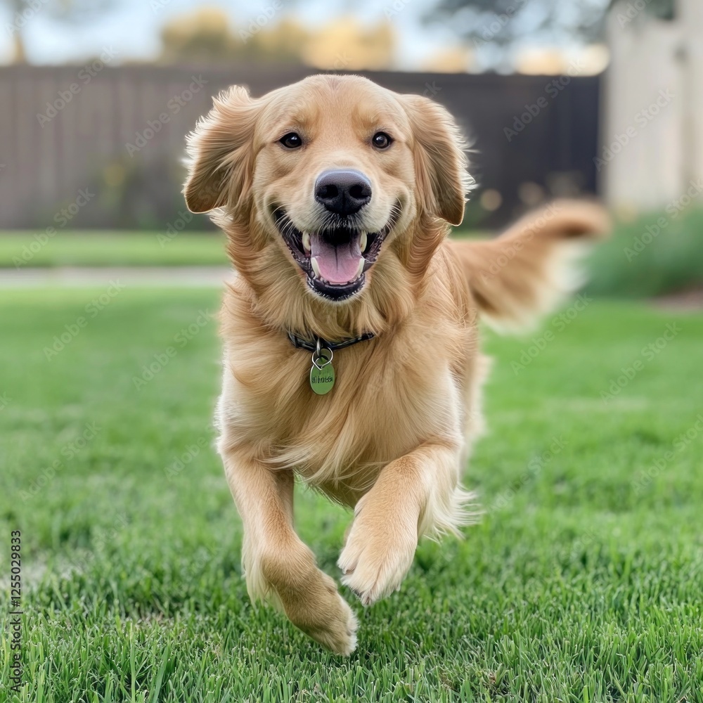 Happy Golden Retriever running in backyard (1) Happy Golden Retriever running in backyard (1)
