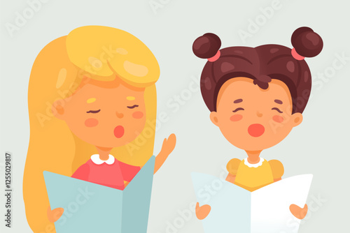 Children choir. Cute girls singing in duet. Young female characters performing song. Concert, performance rehearsal. Cartoon vector illustration.