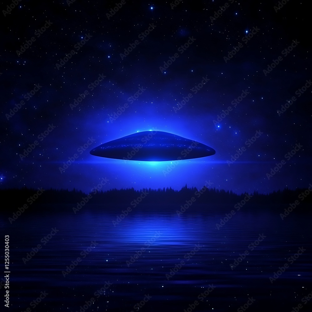 Obraz premium Mysterious UFO Hovering Above Water at Night Under Starry Sky with a Blue Glow Phenomenon Display