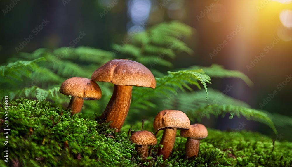 Wild mushrooms growing from a tree stump in a forest with sun rays through trees and ferns; low angle view Wild mushrooms growing from a tree stump in a forest with sun rays through trees and ferns; low angle view