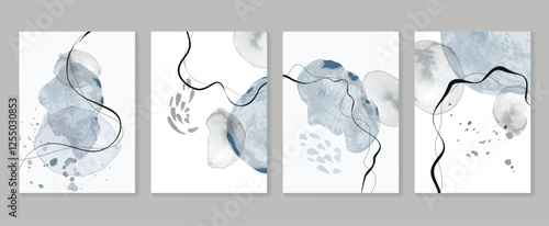 Abstract wall art vector template. Collection of hand drawn leaves with blue watercolor texture, abstract shape. Botanical poster set for wall decoration, interior, wallpaper, banner.
