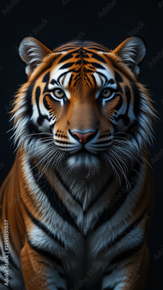 Obraz premium Wallpaper of a tiger with an intense gaze against a black background