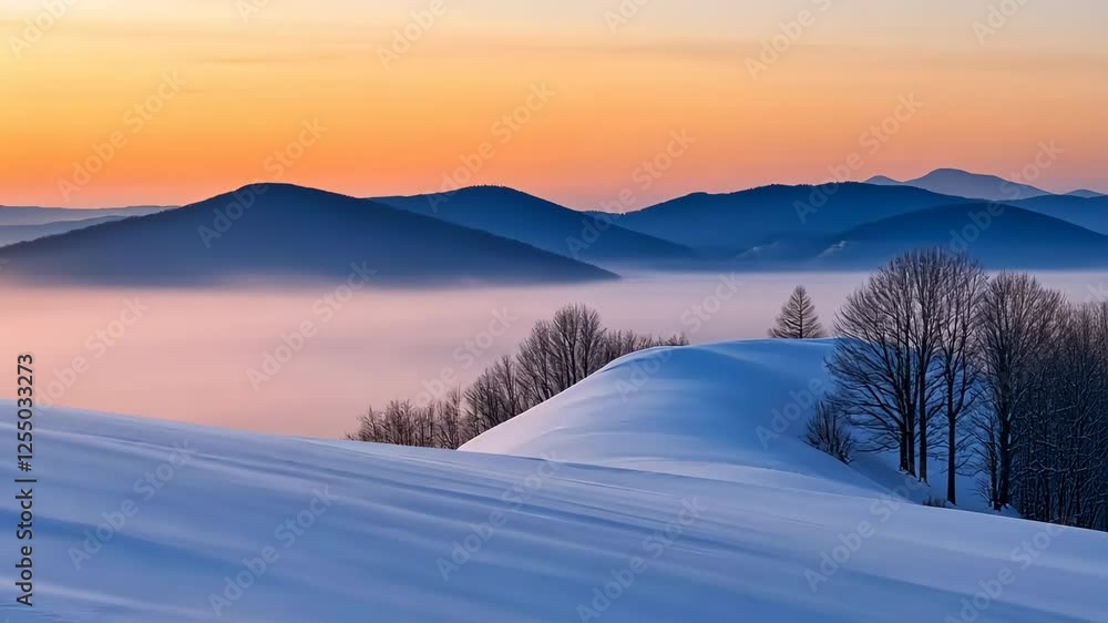 A snowy mountain range with a beautiful orange sky in the background A snowy mountain range with a beautiful orange sky in the background
