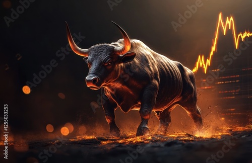 Fiery bull charging, stock market graph rising.