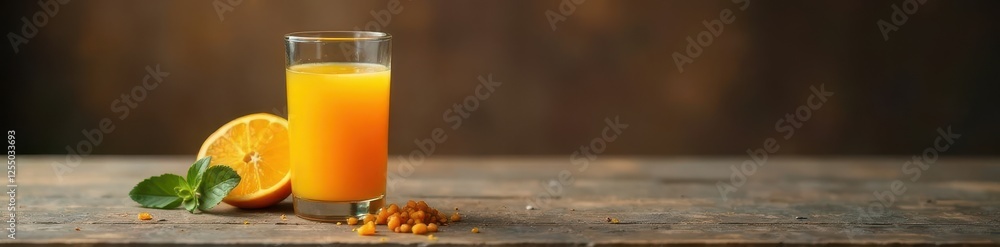 Half-full glass of orange juice on a rustic table, still life, light Half-full glass of orange juice on a rustic table, still life, light
