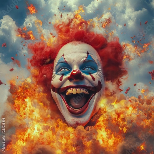 Fiery clown face engulfed in flames against a cloudy sky.