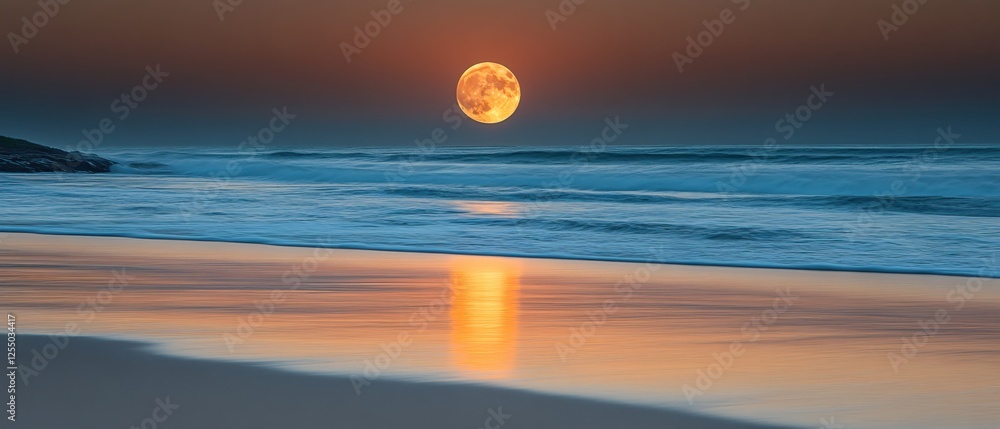 Obraz premium Serene Beach Scene with a Glowing Full Moon Reflecting on the Water at Twilight Hour