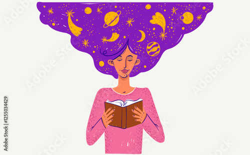 Young woman reading a book and having some fantasies, vector illustration of a girl with open book in her hands, fiction literature concept, personal development.