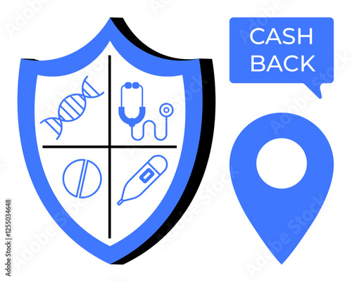 Shield with DNA, stethoscope, pill, and thermometer icons, speech bubble with cash back, map pin. Ideal for insurance, medical services, health savings benefits financial incentives wellness