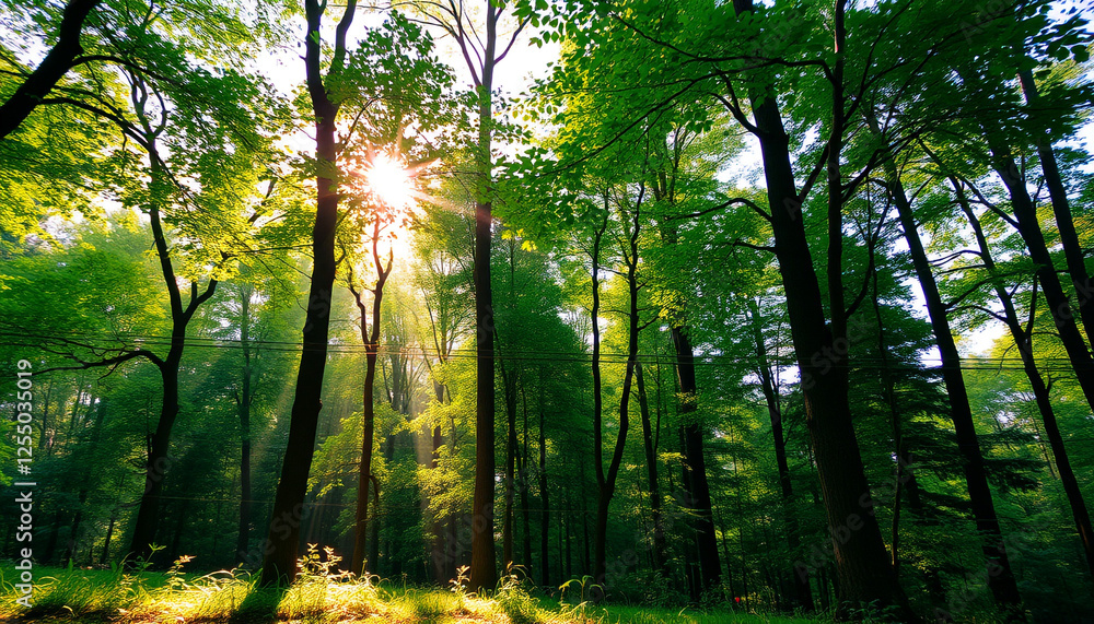Sunlight streaming through trees in a lush green forest, creating a serene and tranquil atmosphere ideal for nature lovers and peaceful walks. Sunlight streaming through trees in a lush green forest, creating a serene and tranquil atmosphere ideal for nature lovers and peaceful walks.