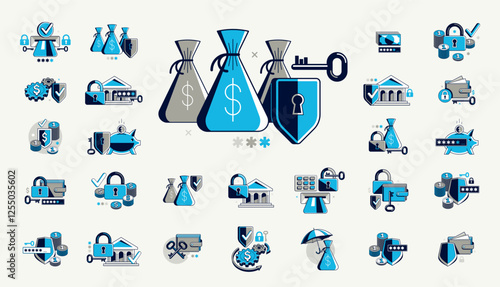 Financial safety vector detailed icons set, secured account and transaction, protected finance money.