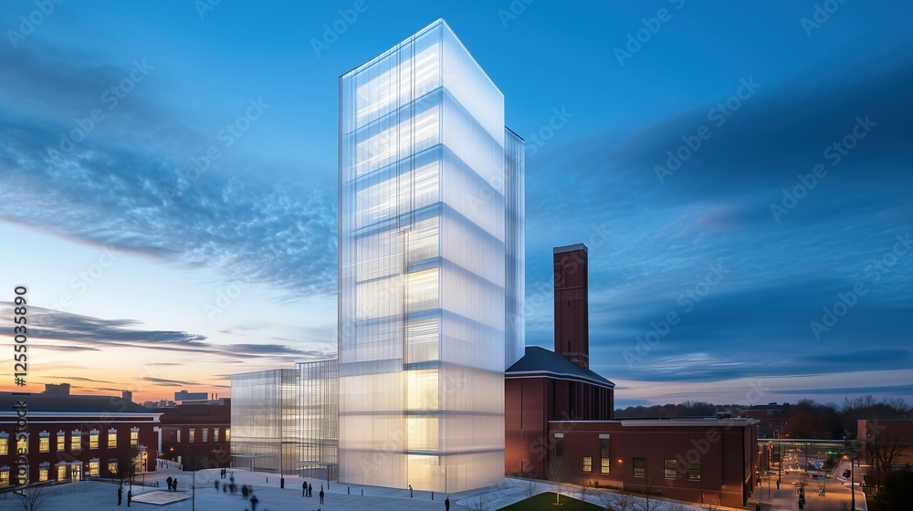 Futuristic glass skyscraper illuminated during twilight. Contemporary architecture and urban development. Futuristic glass skyscraper illuminated during twilight. Contemporary architecture and urban development.