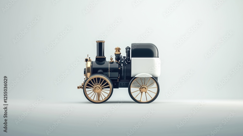 Fototapeta premium Minimalist black and white steam locomotive with golden accents on plain background. vintage transportation and retro design concepts