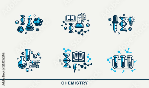 Chemistry vector detailed icons set, molecules and flasks laboratory experiment, science theme bundle.