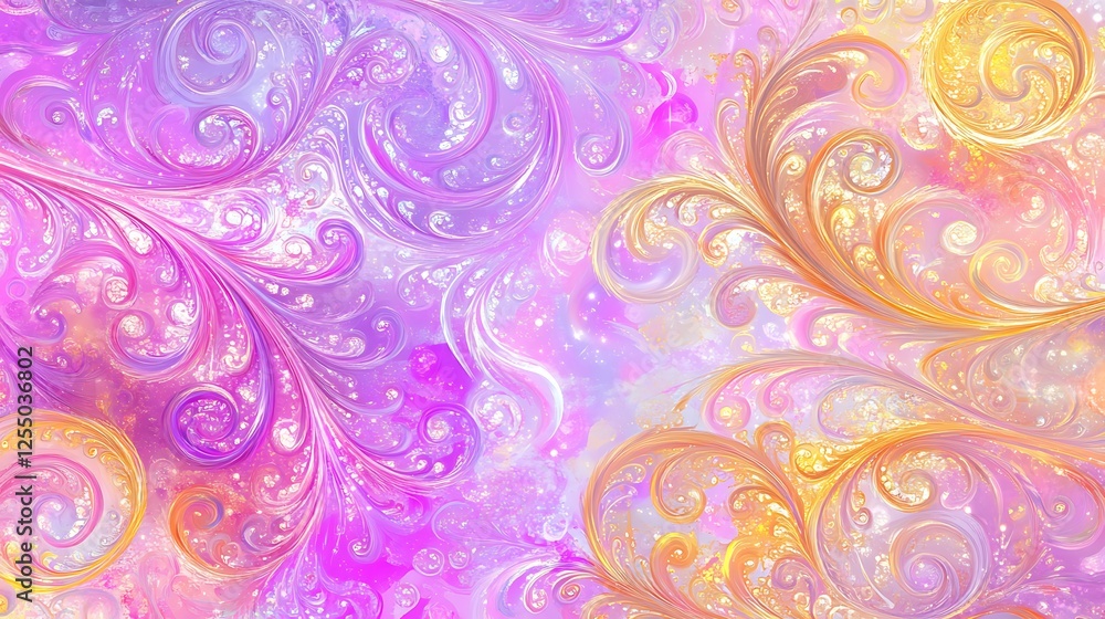 Opulent Swirls of Purple and Gold Abstract Art Depiction with Elegant Filigree Detailing Rich Design