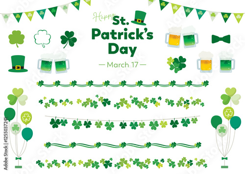聖パトリックデーのイラストセット　シャムロック　クローバー　ビール
