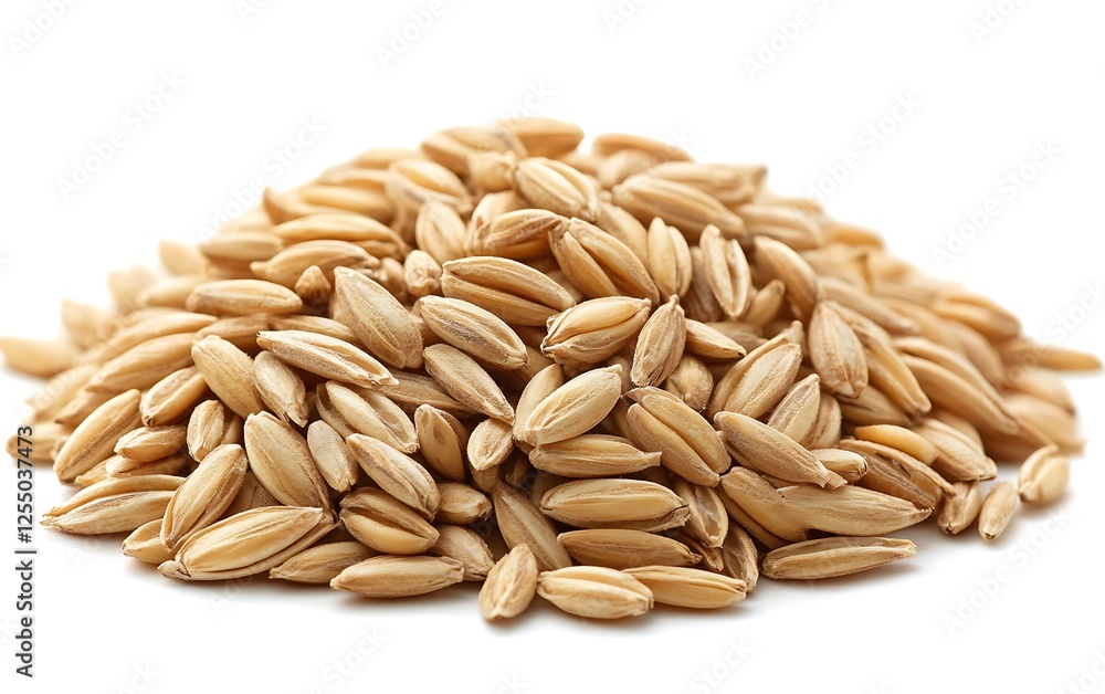 Obraz premium Unhulled rice grain pile, close-up studio shot, white background, food ingredient