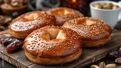 Arabic sweets. Traditional eid semolina maamoul or mamoul cookies with dates , walnuts and pistachio nuts .  HD 8K wallpaper Photographic Image photo