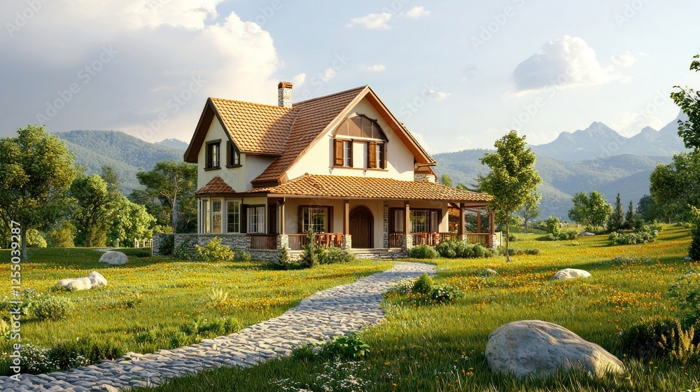 Fototapeta premium Excellent 3D rendering of a farm-style house with a barn and wide verandas