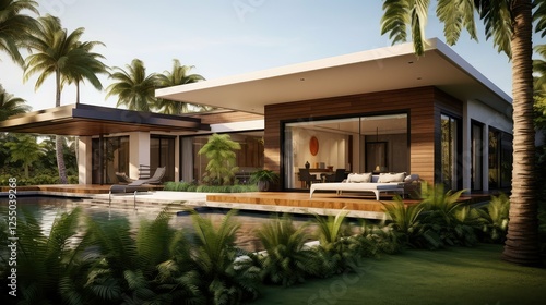 modern home with palm trees