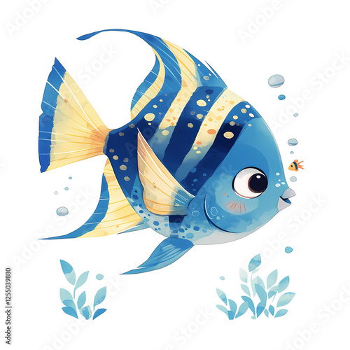 Adorable illustration of a blue and yellow fish swimming in the ocean. Perfect for kids' books or marine-themed projects!