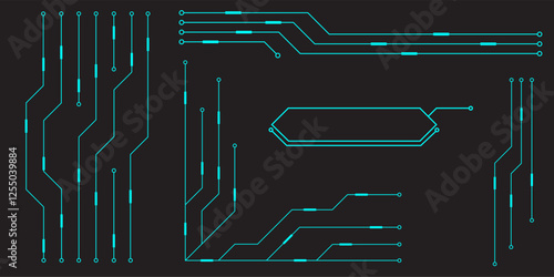 HUD digital futuristic user interface horizontal frame. Sci Fi high tech screen. Cyberpunk game menu touching monitoring hologram dashboard panel. Cyberspace head-up display information vector border