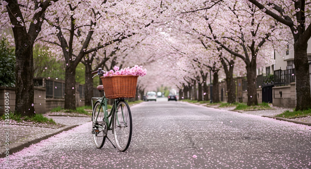 Fototapeta premium Bike with Flowers Beneath Blooming Cherry Blossom Trees on City Street
