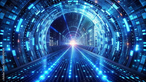 Futuristic tunnel-like structure dark blue color tunnel appears digital metropolis binary