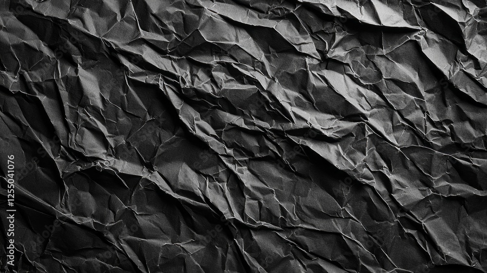 Fototapeta premium A strikingly detailed view of crumpled black paper revealing intricate textures and patterns. This artistic backdrop invites various creative applications, from design to modern art