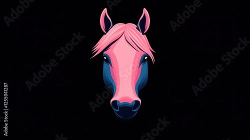 A vibrant representation of a horse's head in pink tones is centered against a dark backdrop. The artwork features clean lines and a contemporary style, emphasizing the horse's expressive eyes photo