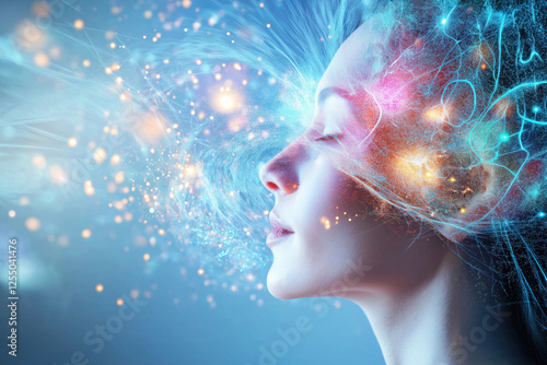 A surreal digital illustration depicting hormonal activity in a woman's body, symbolizing neurotransmitters, emotions, and brain function through glowing energy and neural connections.  .