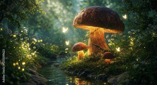 Enchanted Forest Glowing Mushrooms Butterflies Stream