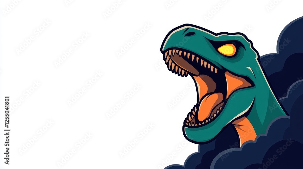Fototapeta premium A vibrant dinosaur with bright green scales and a fierce expression bursts from dark clouds in a lively illustration