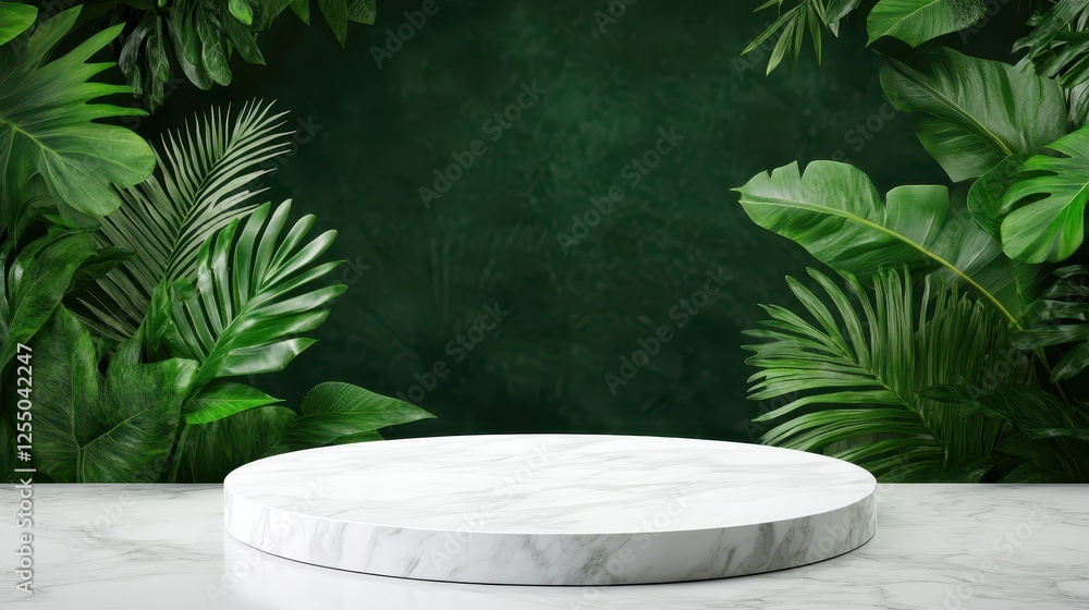 A circular marble display platform sits on a light surface, encircled by vibrant green tropical leaves against a dark green backdrop. The arrangement creates a tranquil atmosphere A circular marble display platform sits on a light surface, encircled by vibrant green tropical leaves against a dark green backdrop. The arrangement creates a tranquil atmosphere