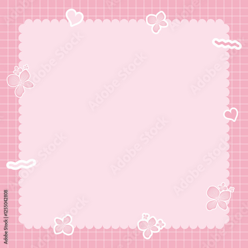 Cute kawaii pastel pink notebook and memo pad grid background with kawaii stickers