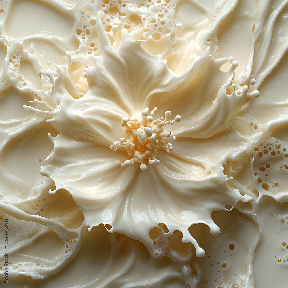 Creative splash of cream forming an abstract flower pattern on a light background Creative splash of cream forming an abstract flower pattern on a light background