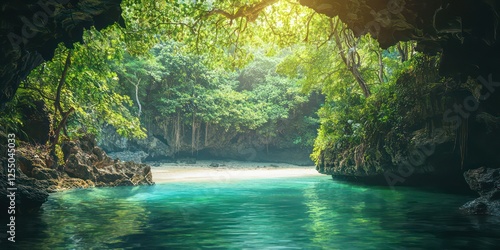 Fototapeta Naklejka Na Ścianę i Meble -  A lush jungle opening to a hidden cove with a pristine beach and emerald waters.