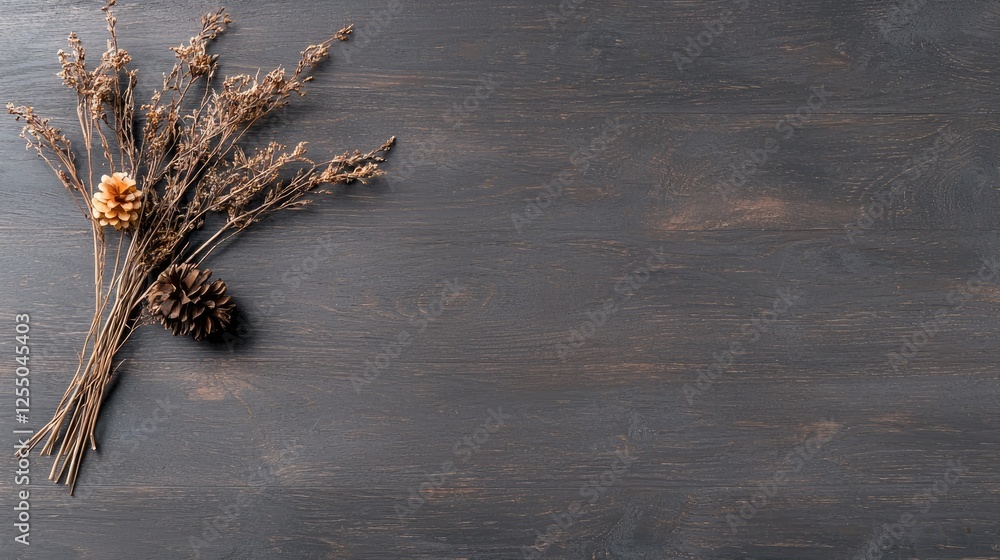Dried flowers, pine cones on wood, autumnal background, for blogs Dried flowers, pine cones on wood, autumnal background, for blogs