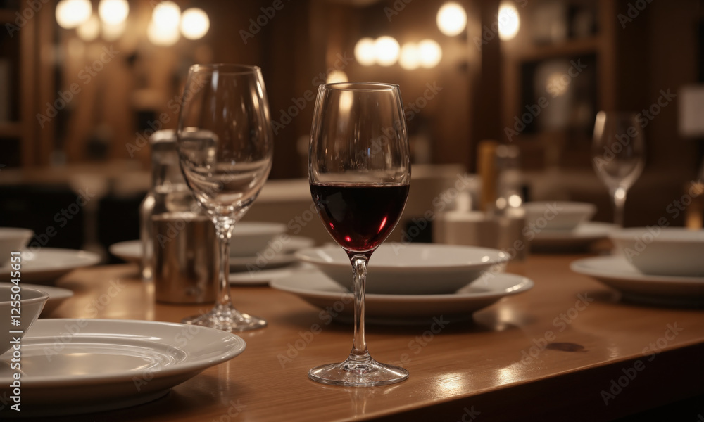 A delicate glass of deep red wine, with the light from a nearby chandelier casting subtle reflections on the wine's A delicate glass of deep red wine, with the light from a nearby chandelier casting subtle reflections on the wine's