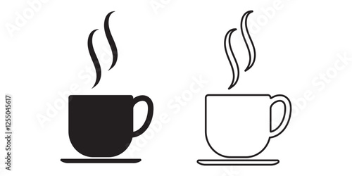 Two variants of coffee cup vector icons vector illustrations on transparent background. Coffee cup line icon with changeable stroke. Take a break icon vector illustration. Hot drink icon. 